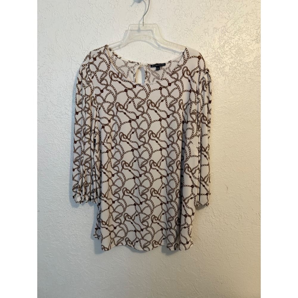 Adrianna Papell 1X White Brown Chain Link Print 3/4 Sleeve Blouse Keyhole Back